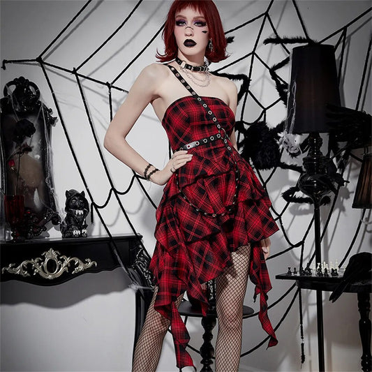 Red Tartan Irregular Hem Dress