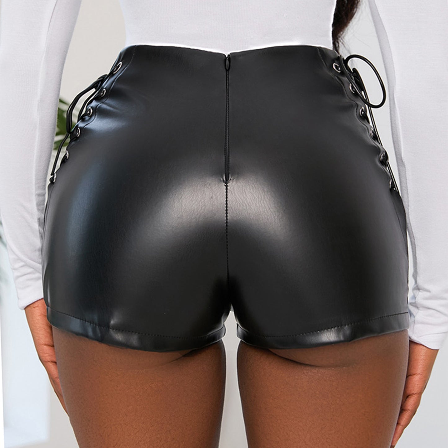 Black PU Lace-up Hot Pants