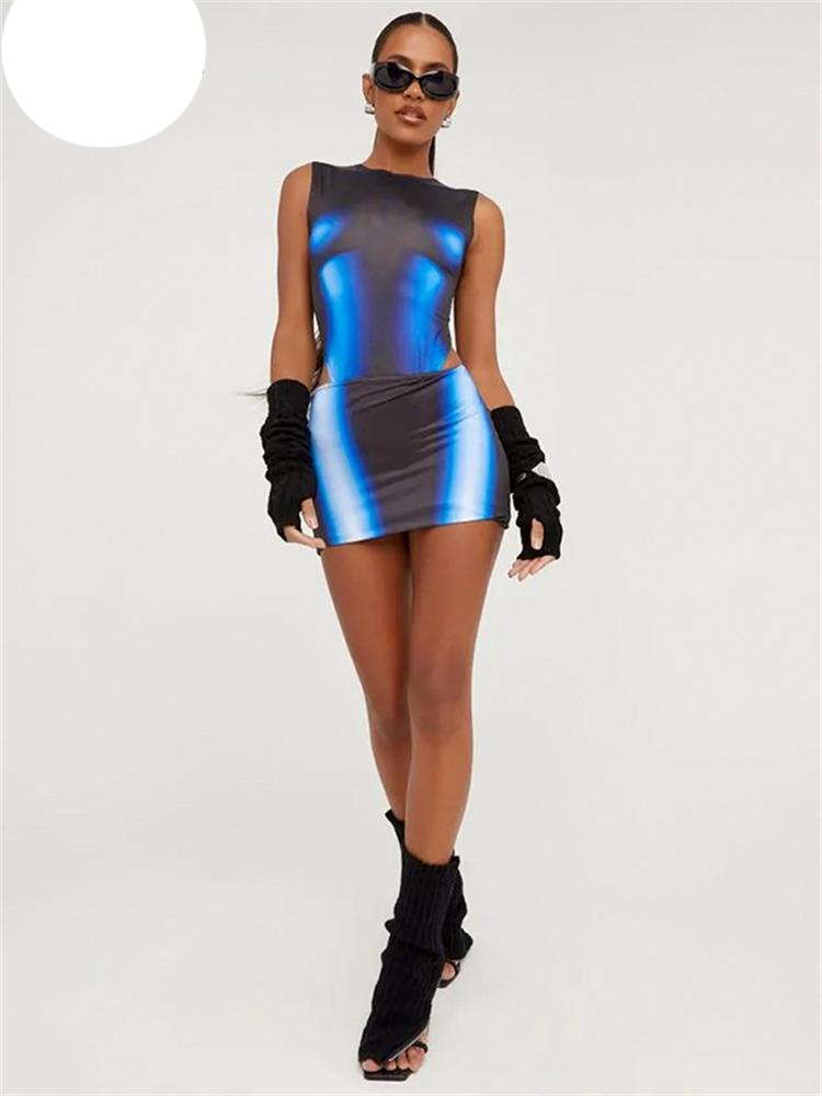 3D Body Print Sleeveless Bodysuit & Skirt Set
