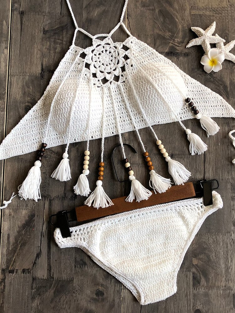 Tribal Tassel Halter Crochet Brazilian Bikini