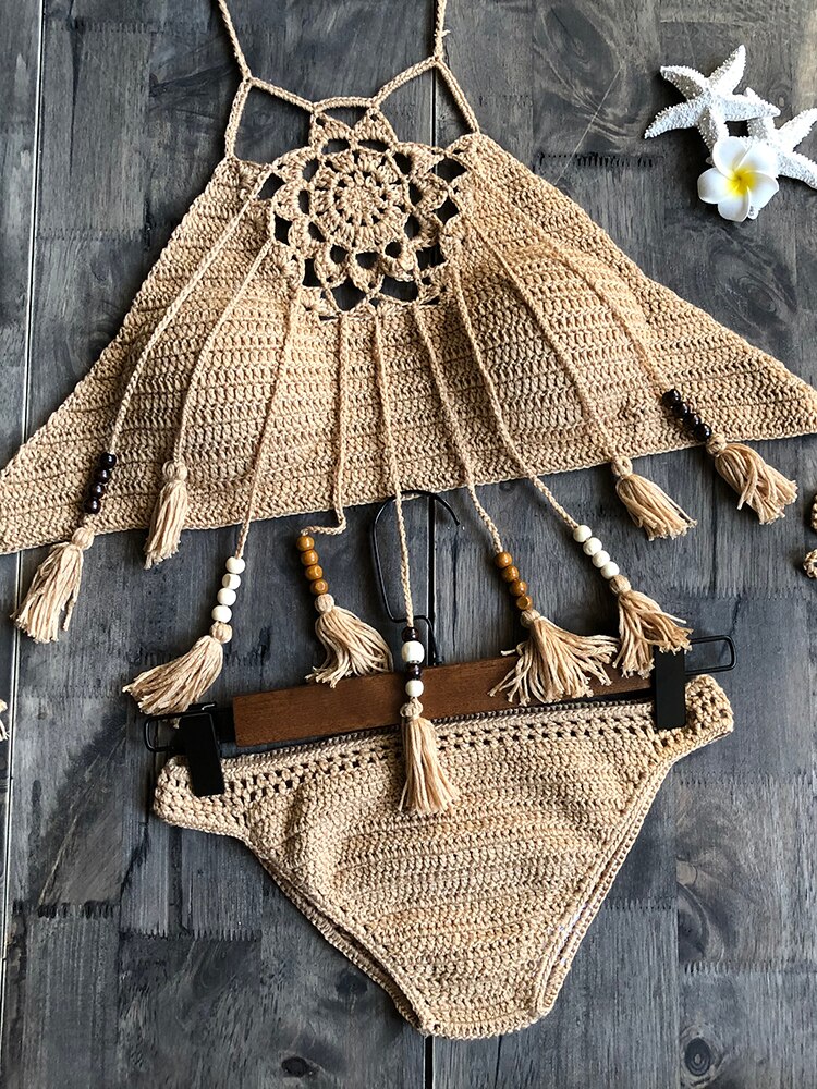 Tribal Tassel Halter Crochet Brazilian Bikini