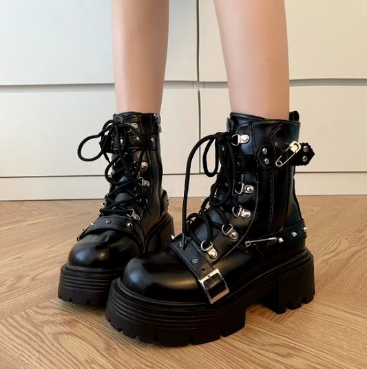 Black Chunky Biker Boots With Safety Pins & Straps