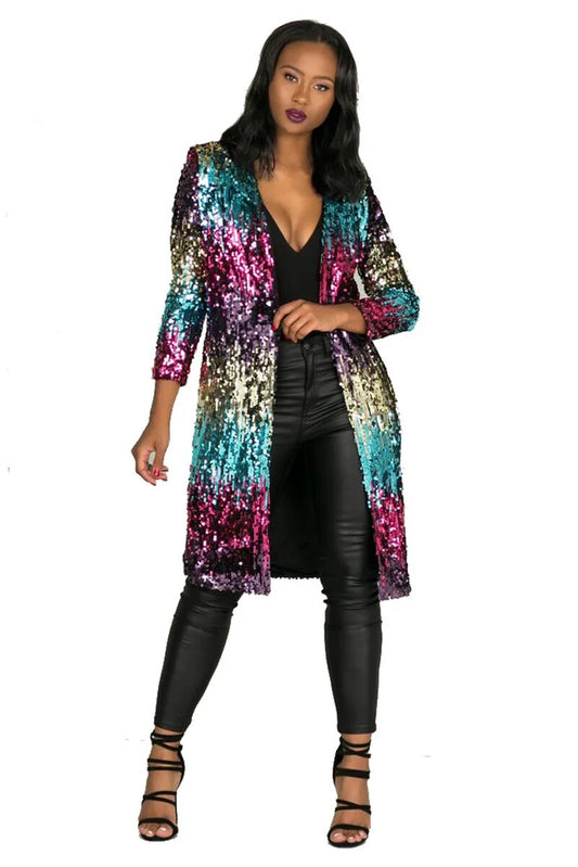 Long Sleeve Multicolour Sequin Longline Jacket