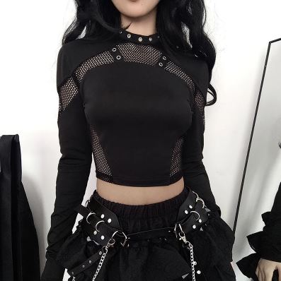 Black Long Sleeve Fishnet Panel Crop Top