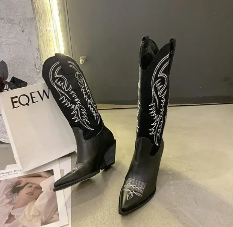 Black Cowboy Boots With Fabric Inserts