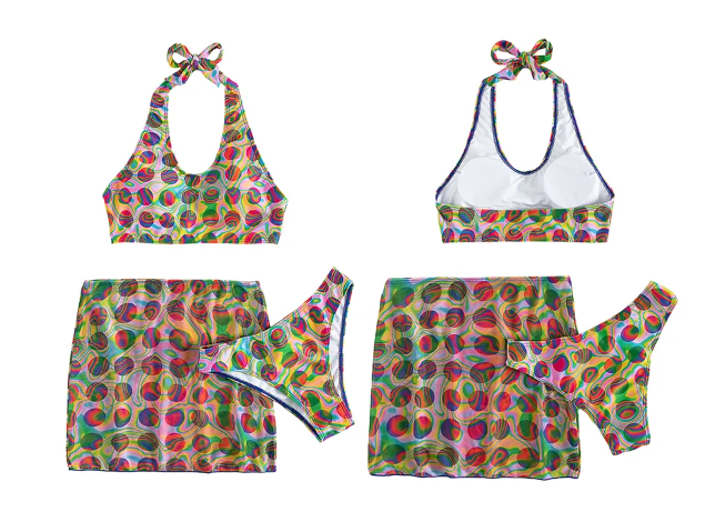 Multicolour Swirl Circles 3 Piece Halter Neck Bikini Set