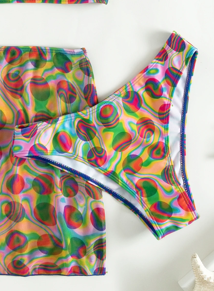 Multicolour Swirl Circles 3 Piece Halter Neck Bikini Set