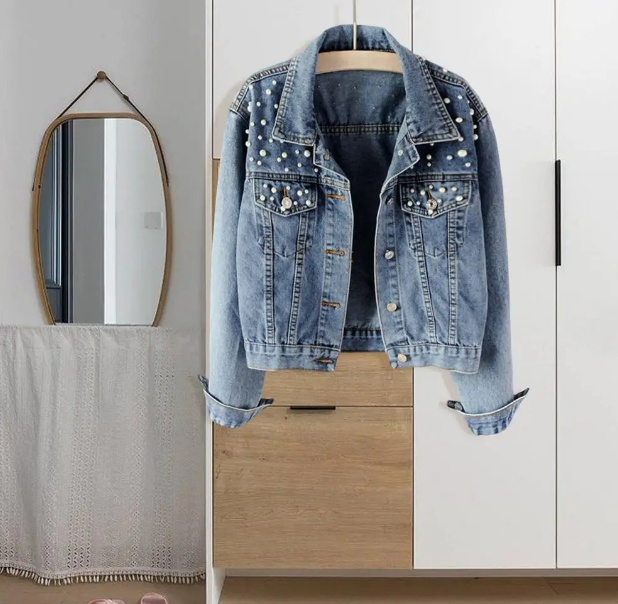 Denim Jacket With Pearl Detail