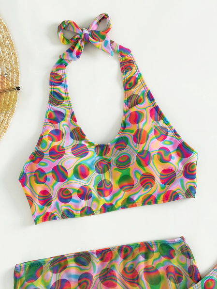 Multicolour Swirl Circles 3 Piece Halter Neck Bikini Set