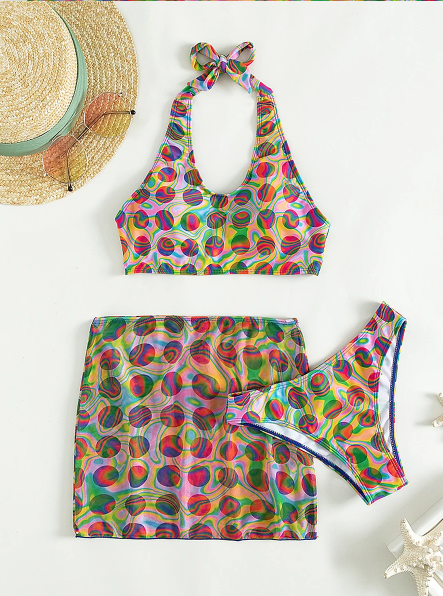 Multicolour Swirl Circles 3 Piece Halter Neck Bikini Set
