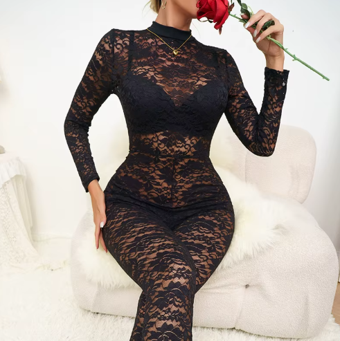 Long Sleeve Black Lace Catsuit