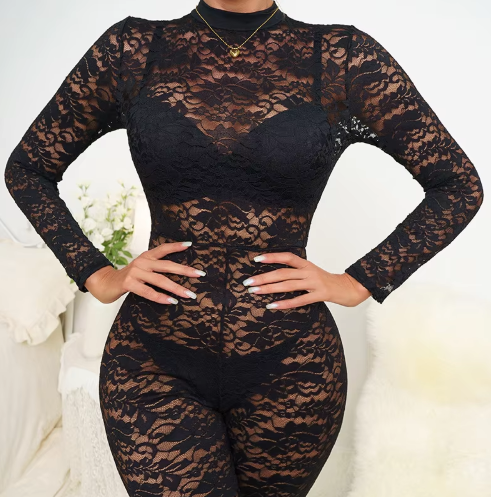 Long Sleeve Black Lace Catsuit