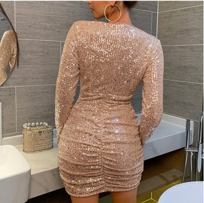 Low Cut Long Sleeve Ruched Sequin Dress