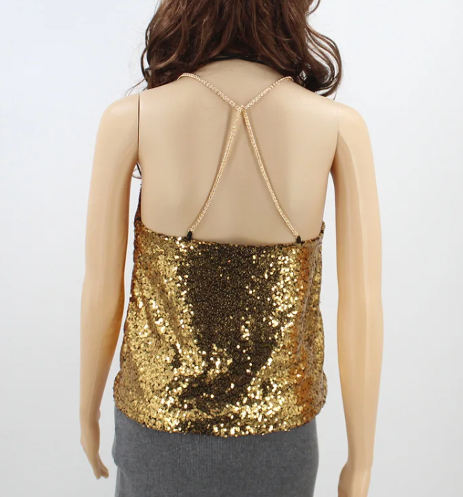 Sequin Strappy Top With Gold Chain Detail