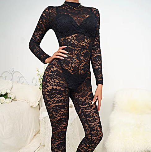 Long Sleeve Black Lace Catsuit