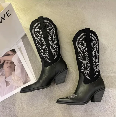 Black Cowboy Boots With Fabric Inserts