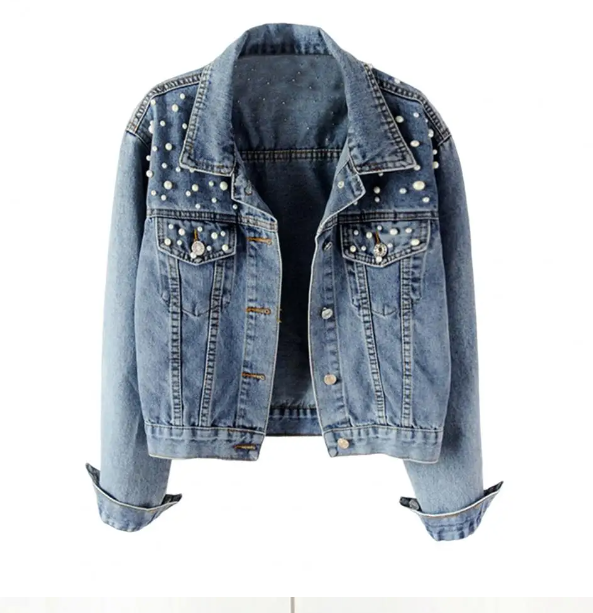 Denim Jacket With Pearl Detail