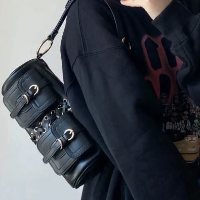Black Double Pocket Cylinder Shoulder Bag