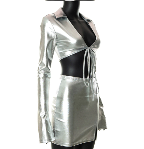 Silver Long Sleeve Crop Top & Skirt Set