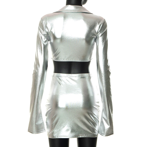 Silver Long Sleeve Crop Top & Skirt Set