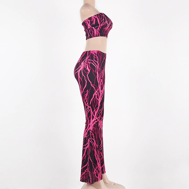 Pink Lightning Print Boob Tube & Flared Pants Set