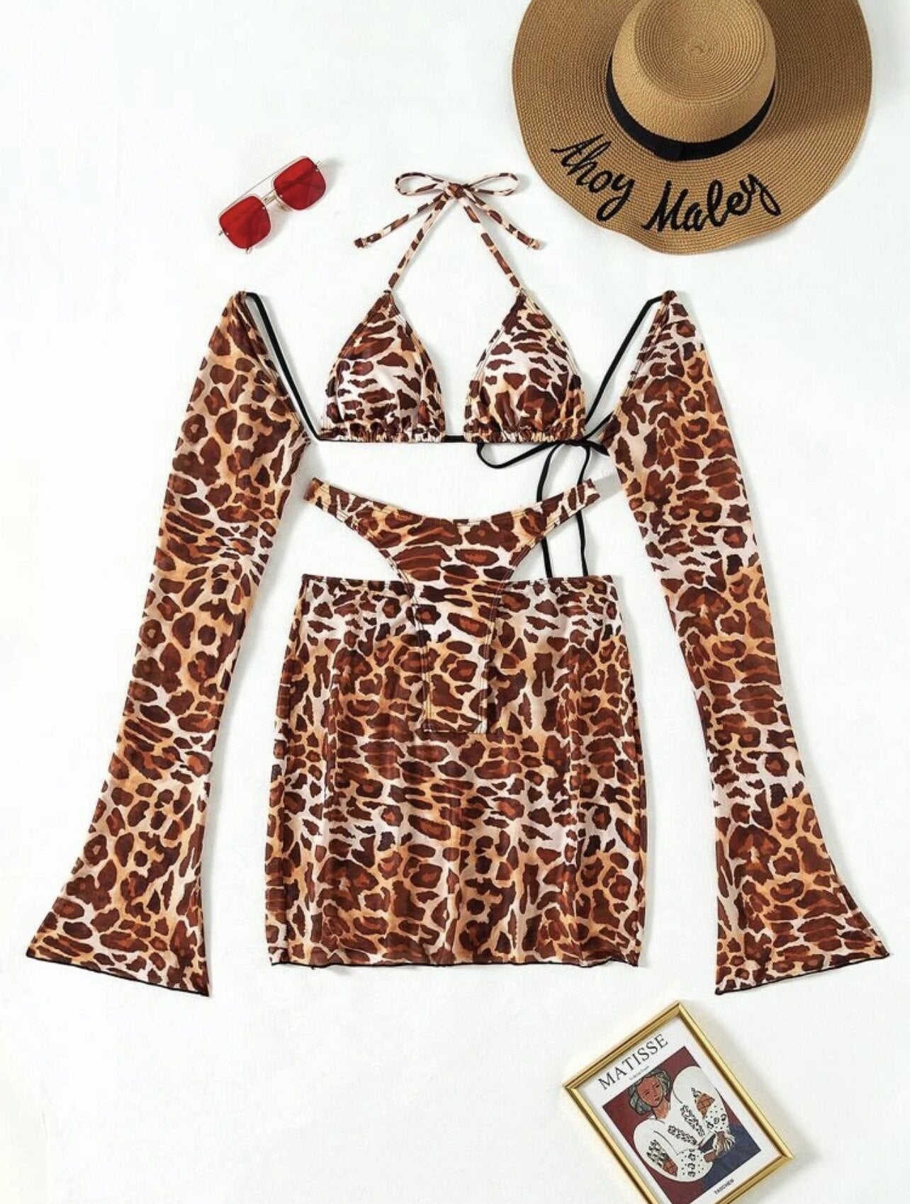 Leopard Print Thong Bikini With Sleeves & Skirt