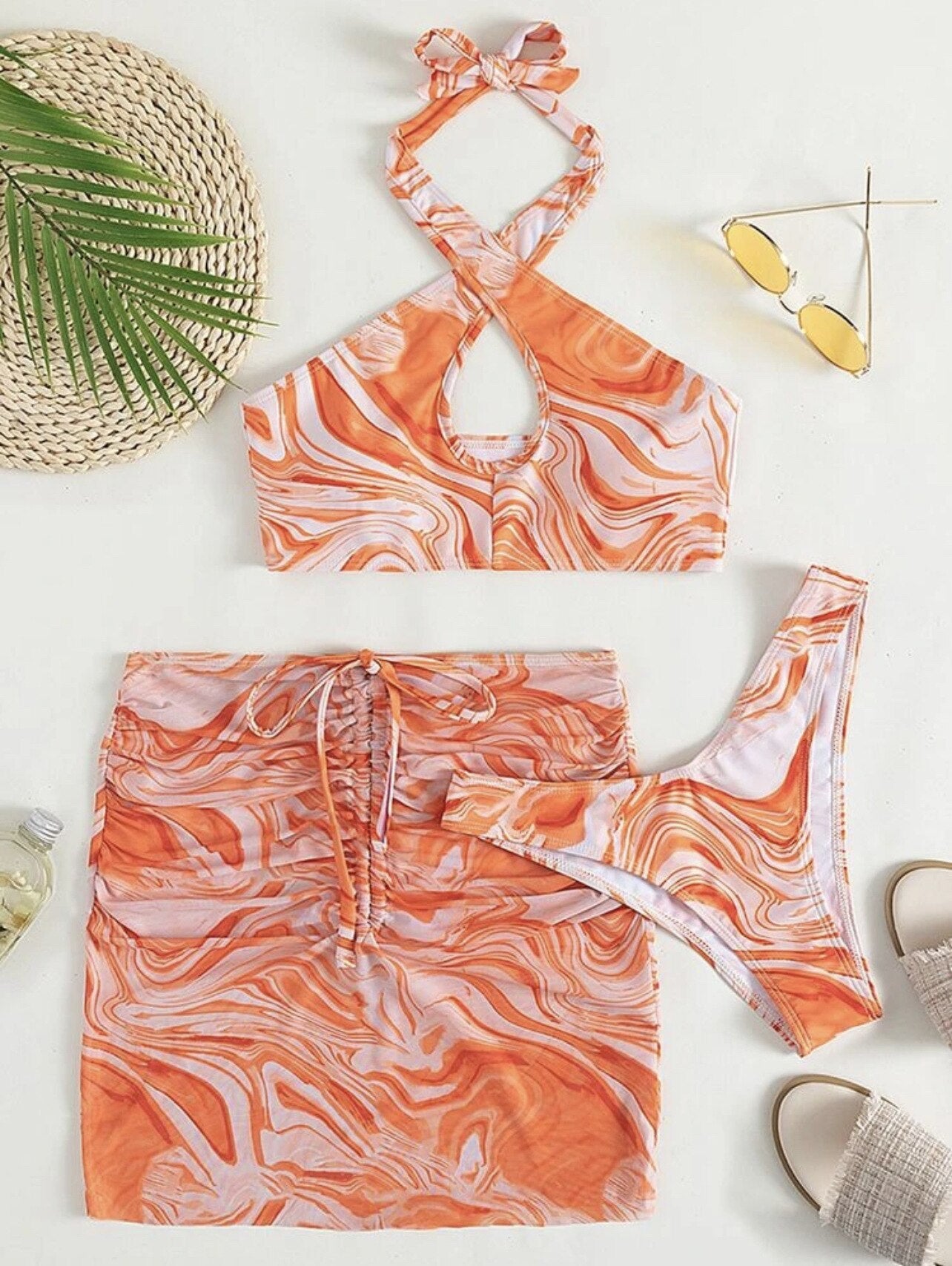 Marble Print Halter Bikini & Skirt Set