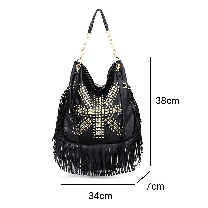 Black GB Studded Fringed Shoulder Bag