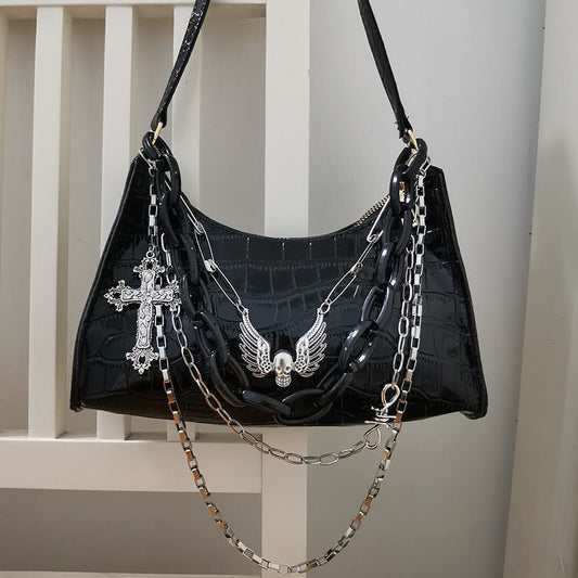 Black Croc Gothic Shoulder Bag With Silver Cross & Chains