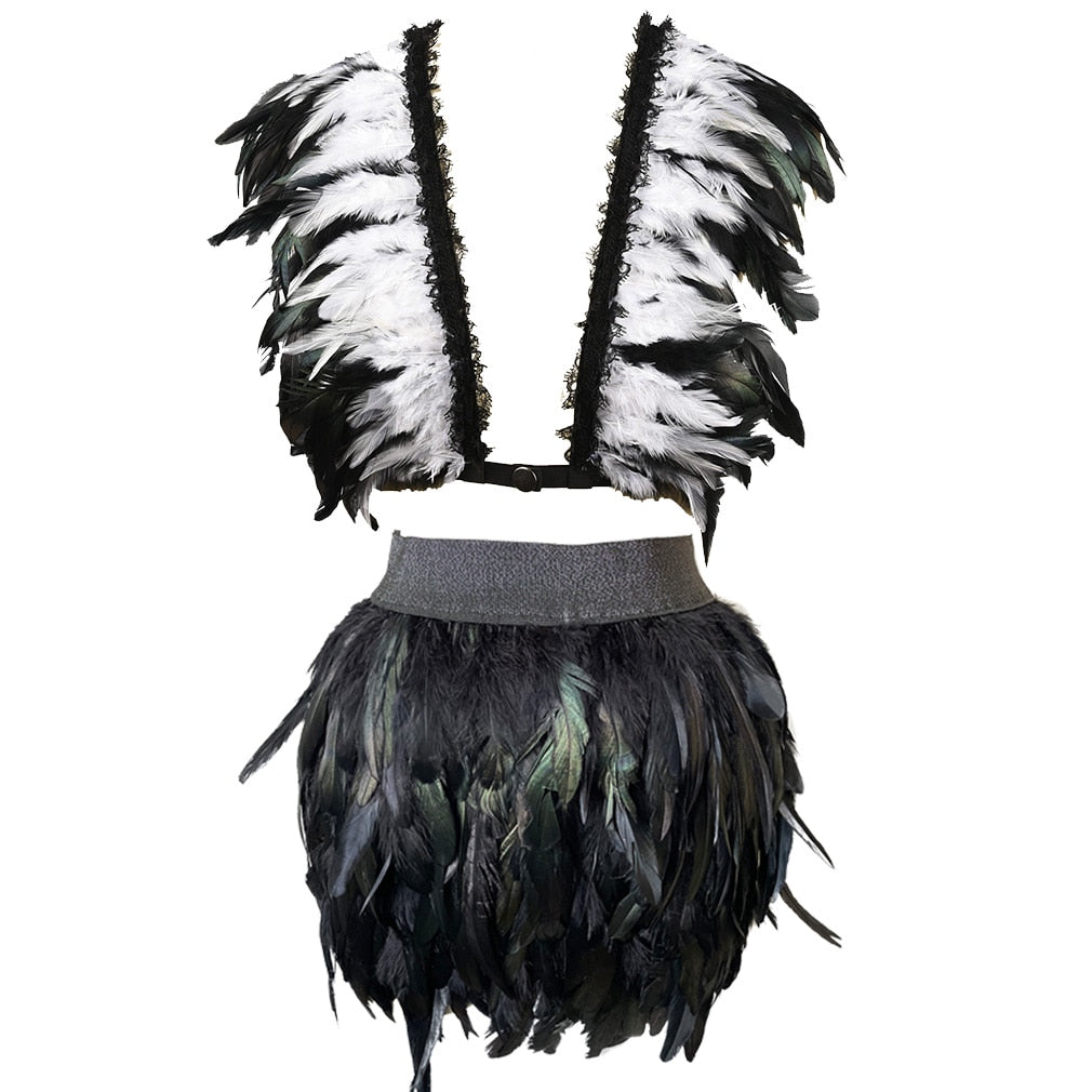 Feather Epaulette Harness Skirt Set Festival Heaven