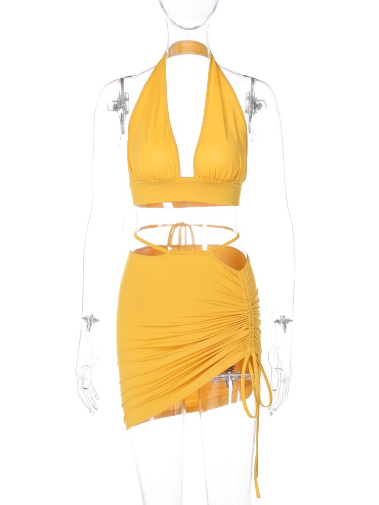 Yellow Deep V Halter Top & Ruched Skirt Set