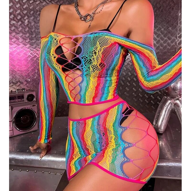 Rainbow Mesh Top & Skirt Set