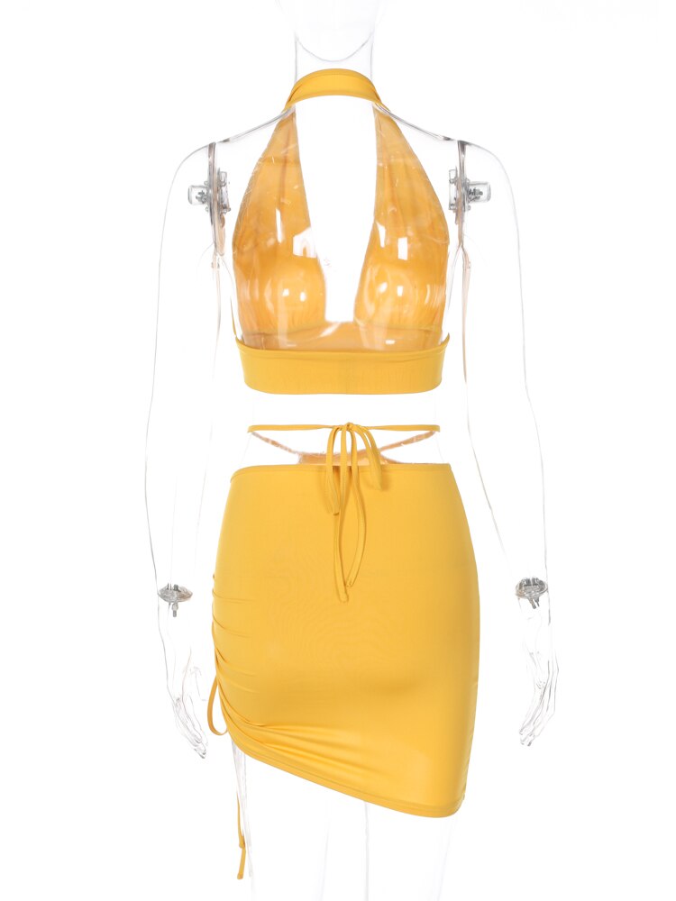 Yellow Deep V Halter Top & Ruched Skirt Set