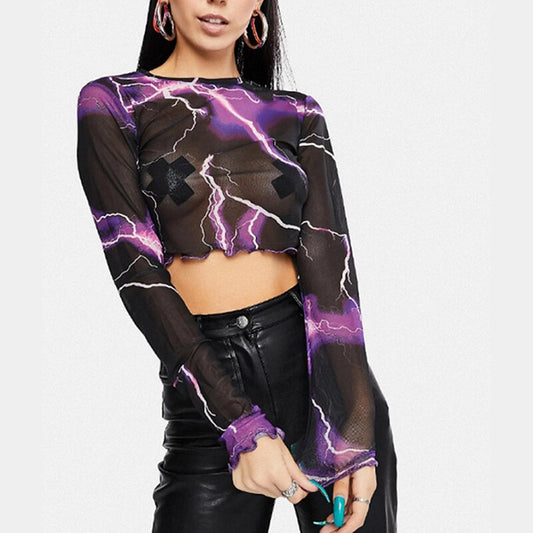 Purple Lightning Print Long Sleeve Mesh Top