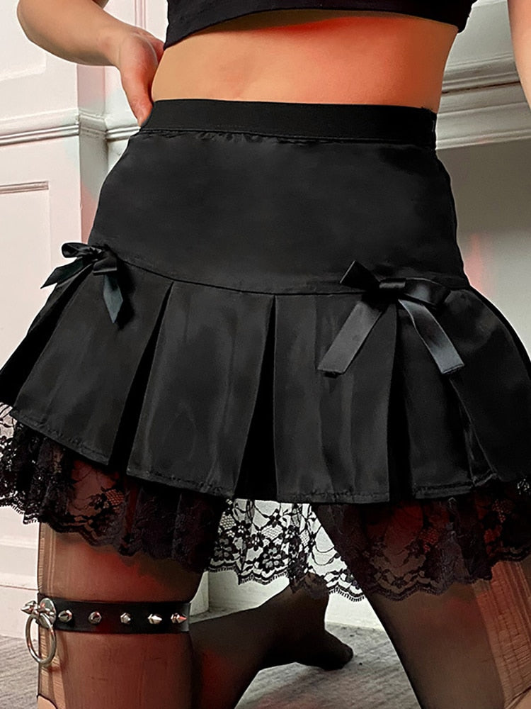 Black Lace Trim Pleated Skirt