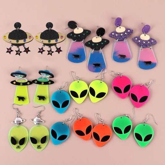 Neon Alien Spaceship Earrings