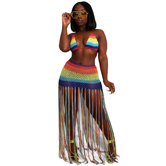 Rainbow Crochet Bra Top & Tassel Skirt Set