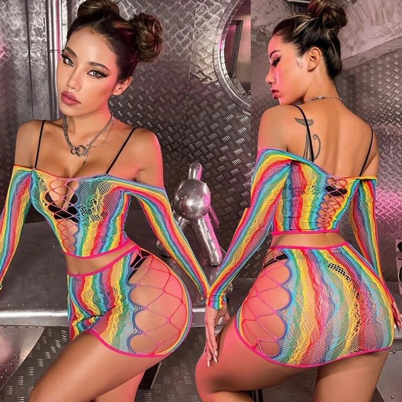 Rainbow Mesh Top & Skirt Set